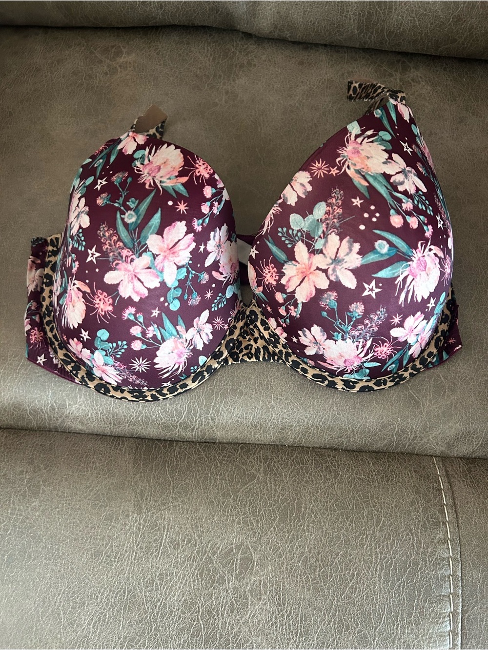 Victoria's Secret Burgundy Floral Push-Up Bra with Teal & Pink Accents